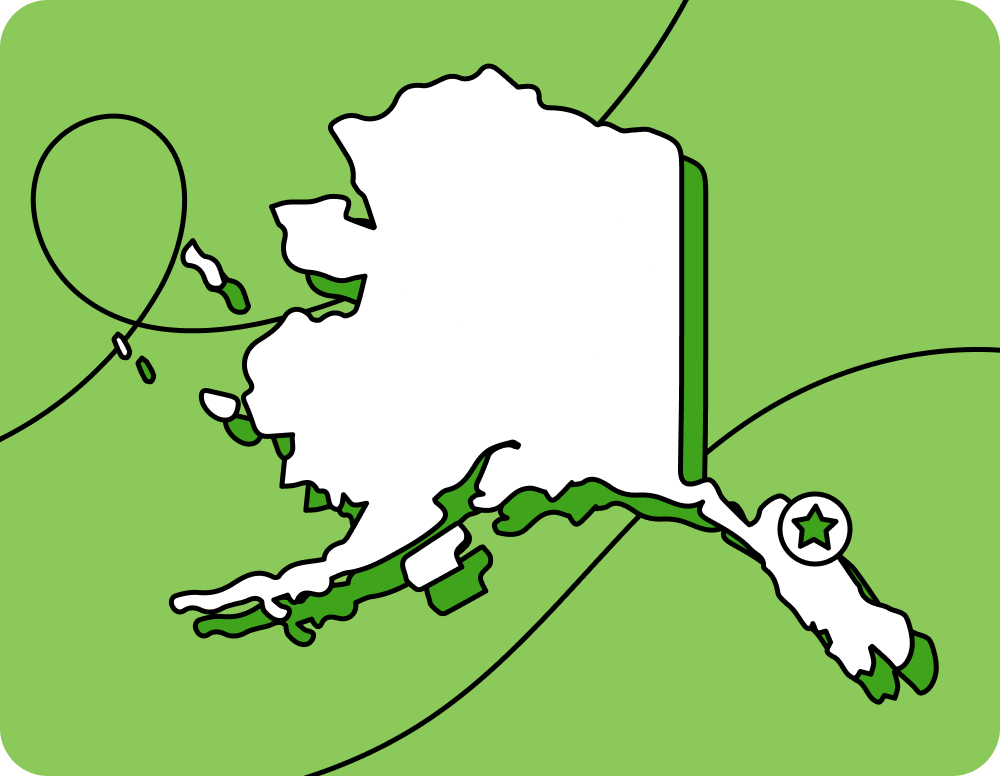 Outline of Alaska with a star marking its capital city, set against a green background with curved lines.