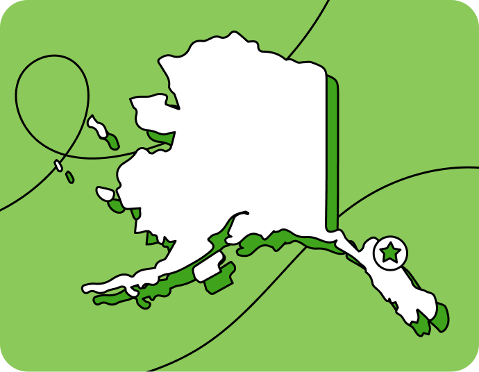 Outline of Alaska with a star marking its capital city, set against a green background with curved lines.