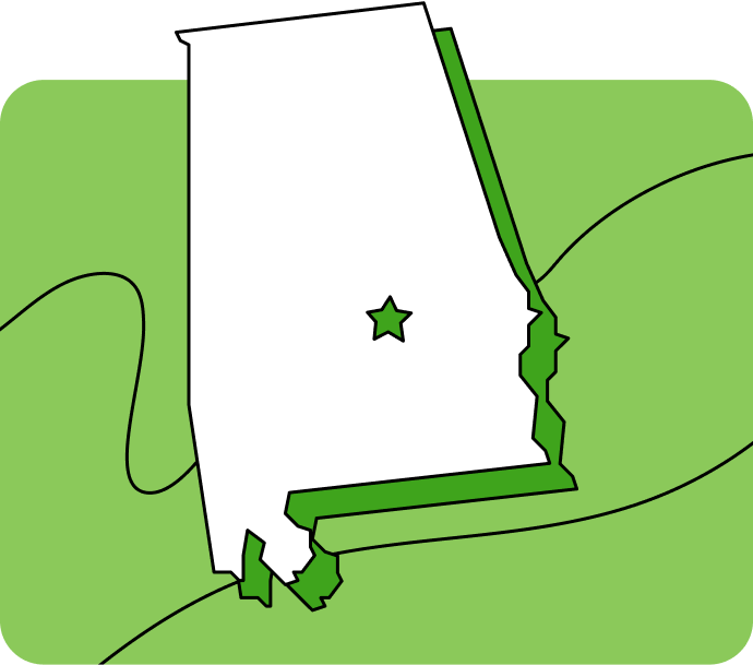 Outline of Alabama with a star marking its capital city, set against a green background with curved lines.