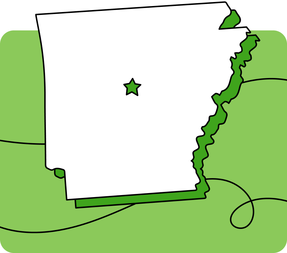 Outline of Arkansas with a star marking its capital city, set against a green background with curved lines.