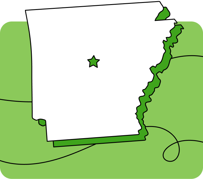 Outline of Arkansas with a star marking its capital city, set against a green background with curved lines.