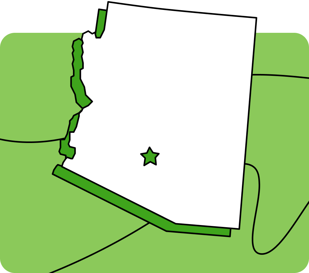 Outline of Arizona with a star marking its capital city, set against a green background with curved lines.