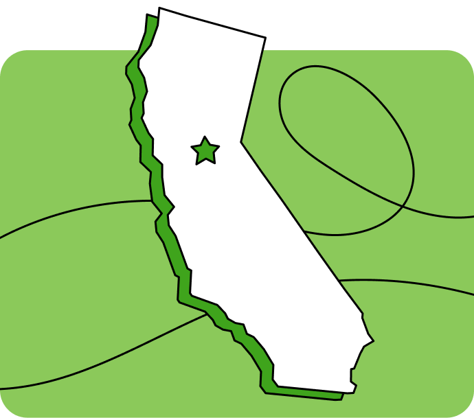 Outline of California with a star marking its capital city, set against a green background with curved lines.