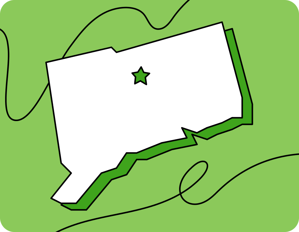 Outline of Connecticut with a star marking its capital city, set against a green background with curved lines.