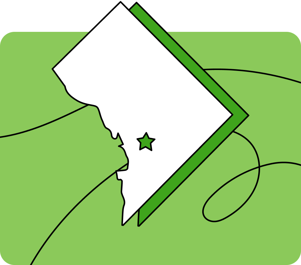 Outline of Washington D.C. with a star marking its capital city, set against a green background with curved lines.