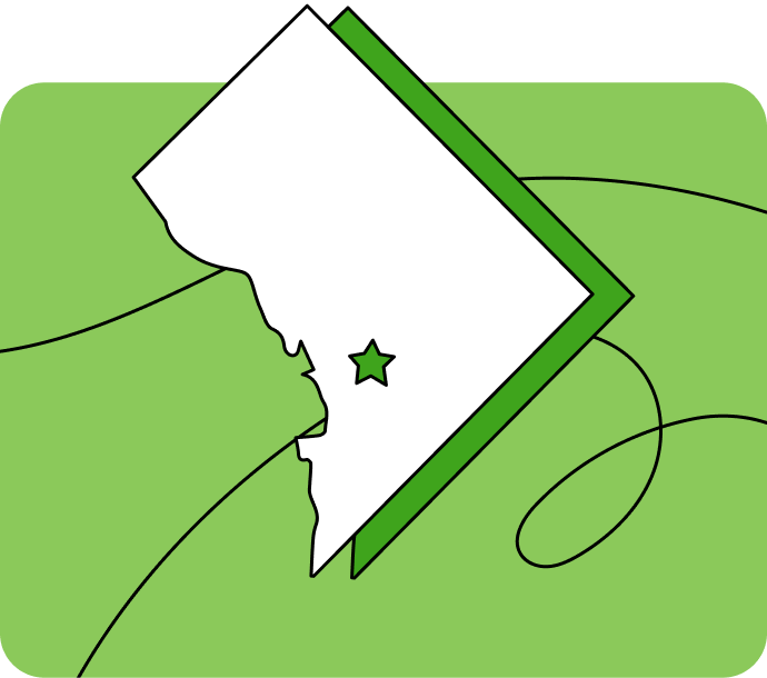 Outline of Washington D.C. with a star marking its capital city, set against a green background with curved lines.