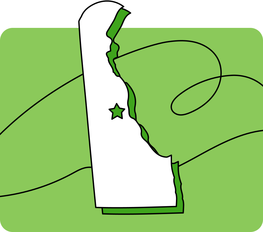 Outline of Delaware with a star marking its capital city, set against a green background with curved lines.