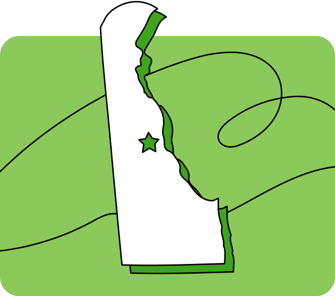 Outline of Delaware with a star marking its capital city, set against a green background with curved lines.