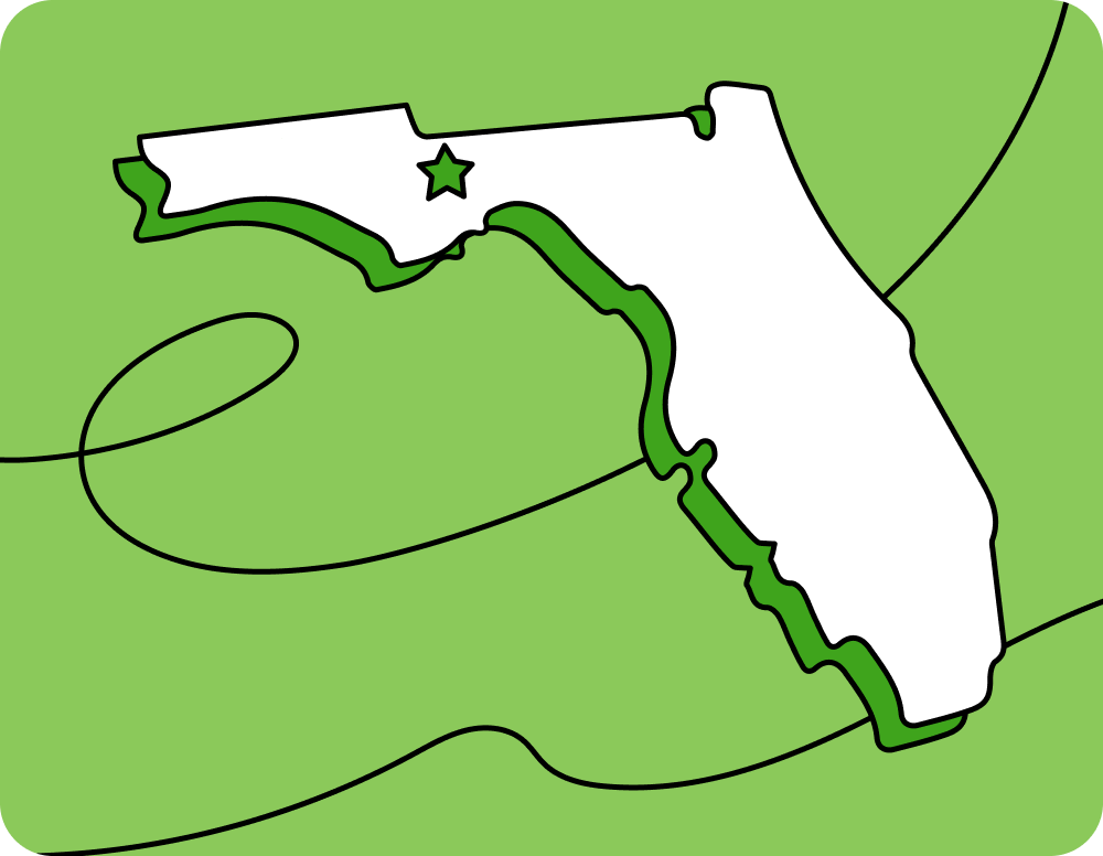 Outline of Florida with a star marking its capital city, set against a green background with curved lines.