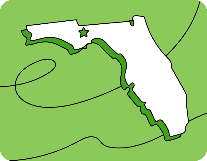 Outline of Florida with a star marking its capital city, set against a green background with curved lines.