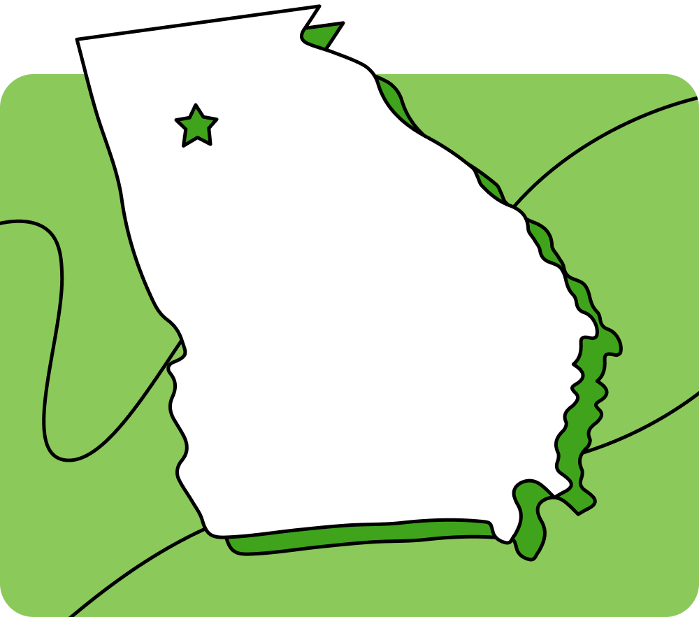 Outline of Georgia with a star marking its capital city, set against a green background with curved lines.