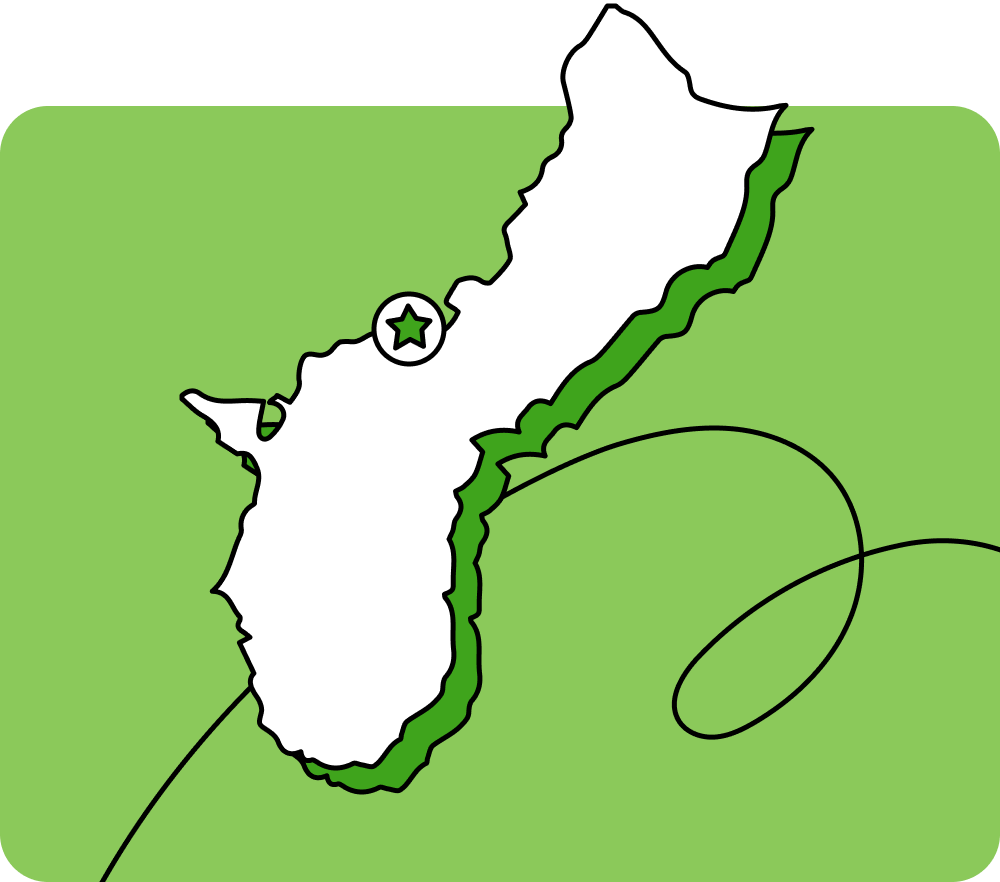 Outline of Guam with a star marking its capital city, set against a green background with curved lines.