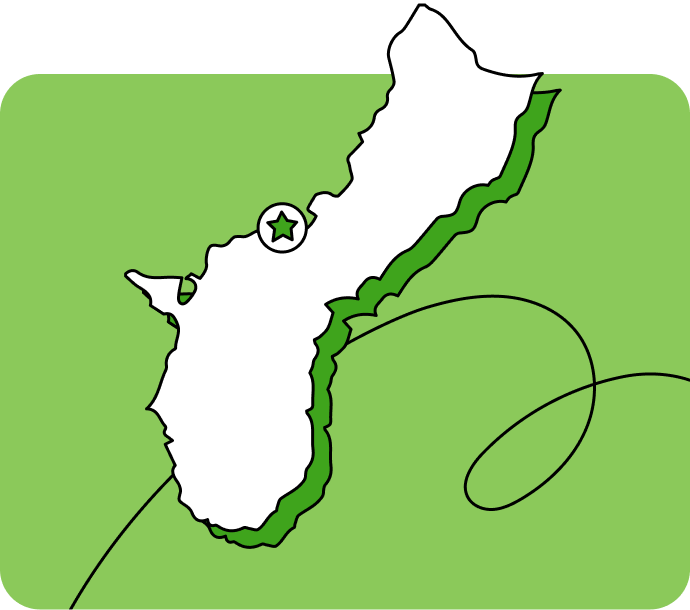 Outline of Guam with a star marking its capital city, set against a green background with curved lines.