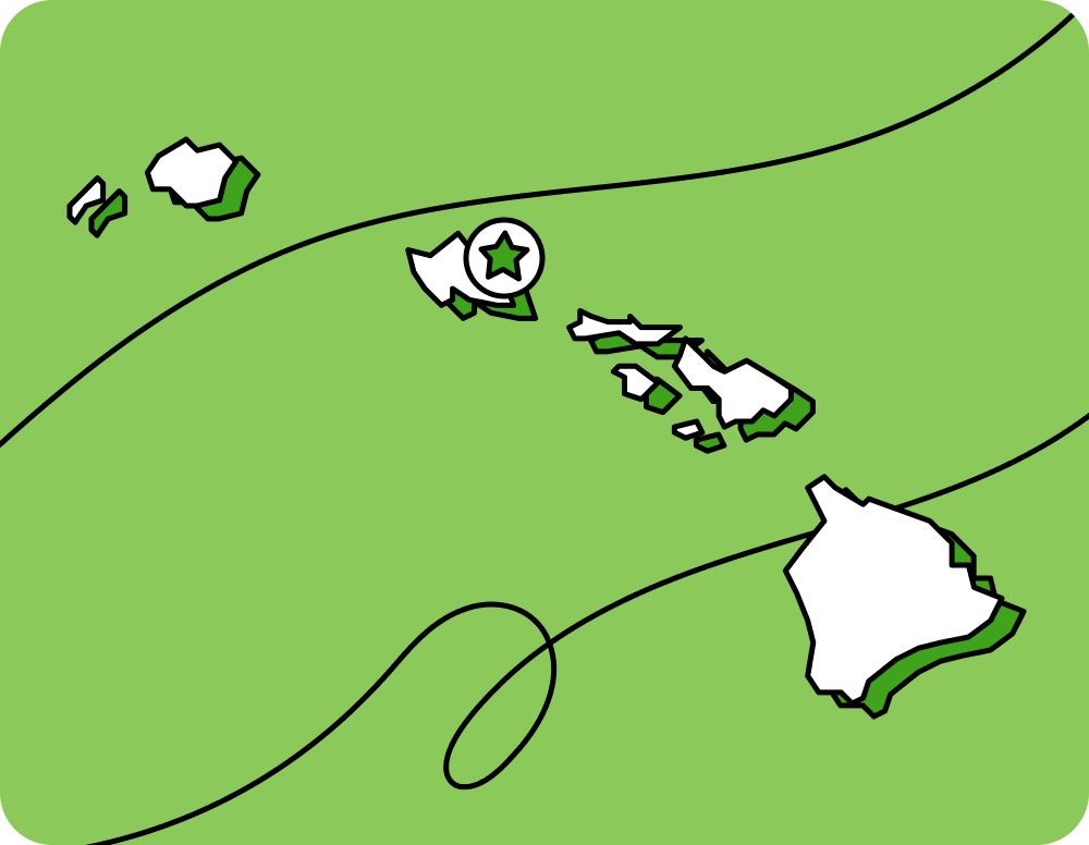 Outline of Hawaii with a star marking its capital city, set against a green background with curved lines.