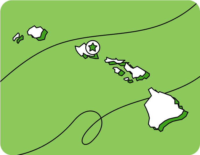 Outline of Hawaii with a star marking its capital city, set against a green background with curved lines.