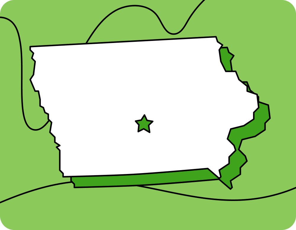 Outline of Iowa with a star marking its capital city, set against a green background with curved lines.