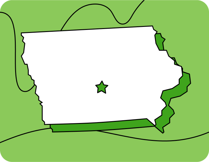 Outline of Iowa with a star marking its capital city, set against a green background with curved lines.