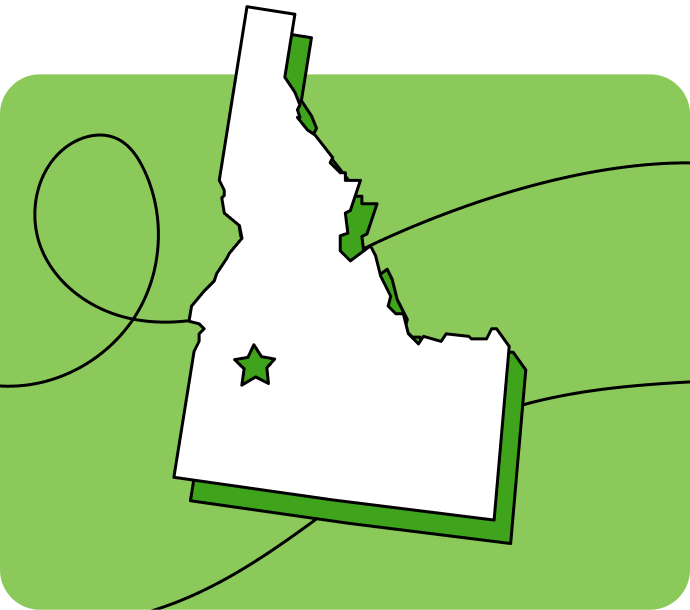 Outline of Idaho with a star marking its capital city, set against a green background with curved lines.