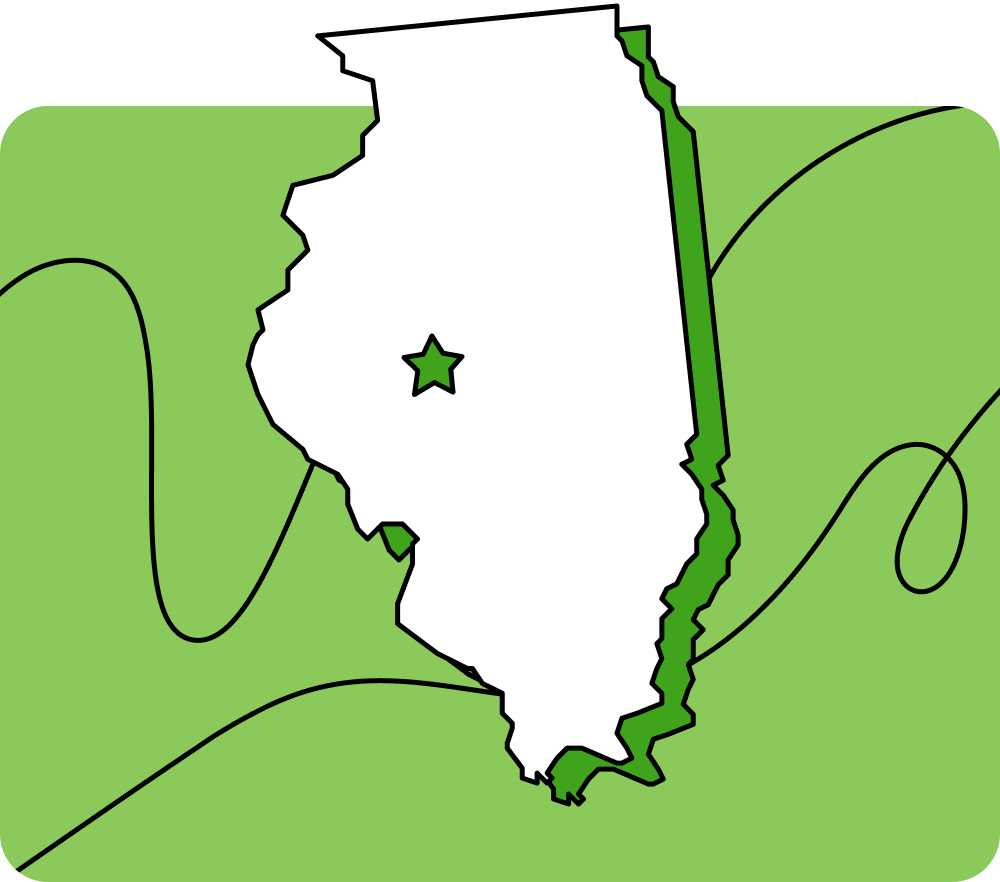 Outline of Illinois with a star marking its capital city, set against a green background with curved lines.