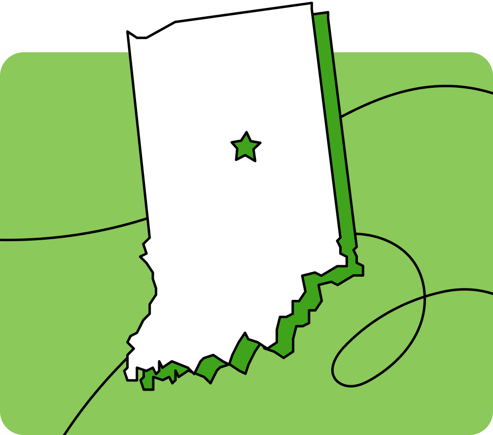 Outline of Indiana with a star marking its capital city, set against a green background with curved lines.