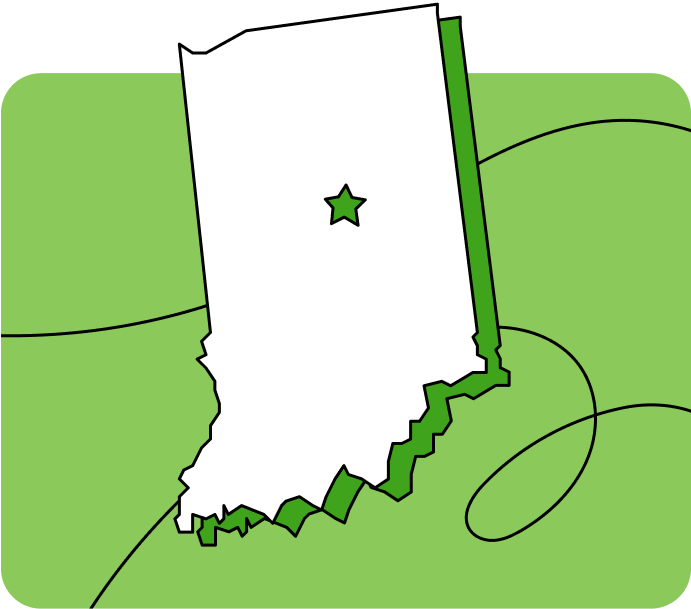 Outline of Indiana with a star marking its capital city, set against a green background with curved lines.