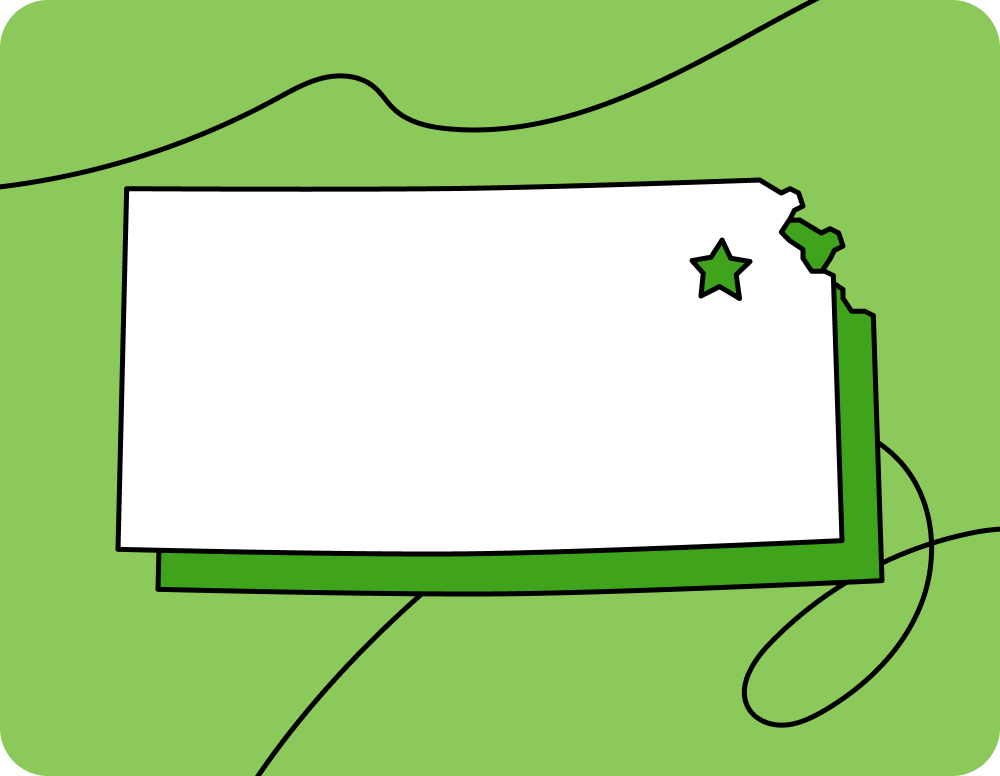 Outline of Kansas with a star marking its capital city, set against a green background with curved lines.