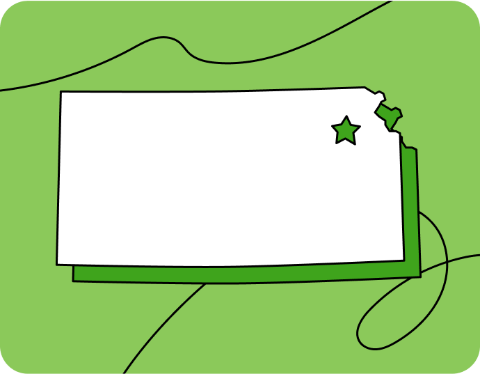 Outline of Kansas with a star marking its capital city, set against a green background with curved lines.