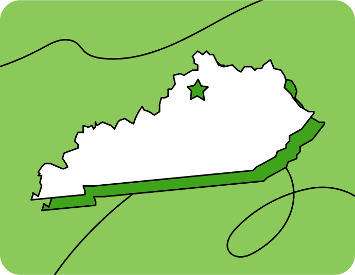 Outline of Kentucky with a star marking its capital city, set against a green background with curved lines.