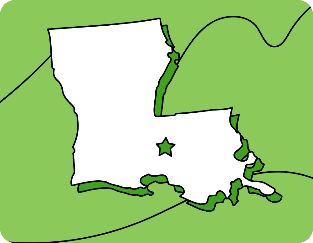 Outline of Louisiana with a star marking its capital city, set against a green background with curved lines.