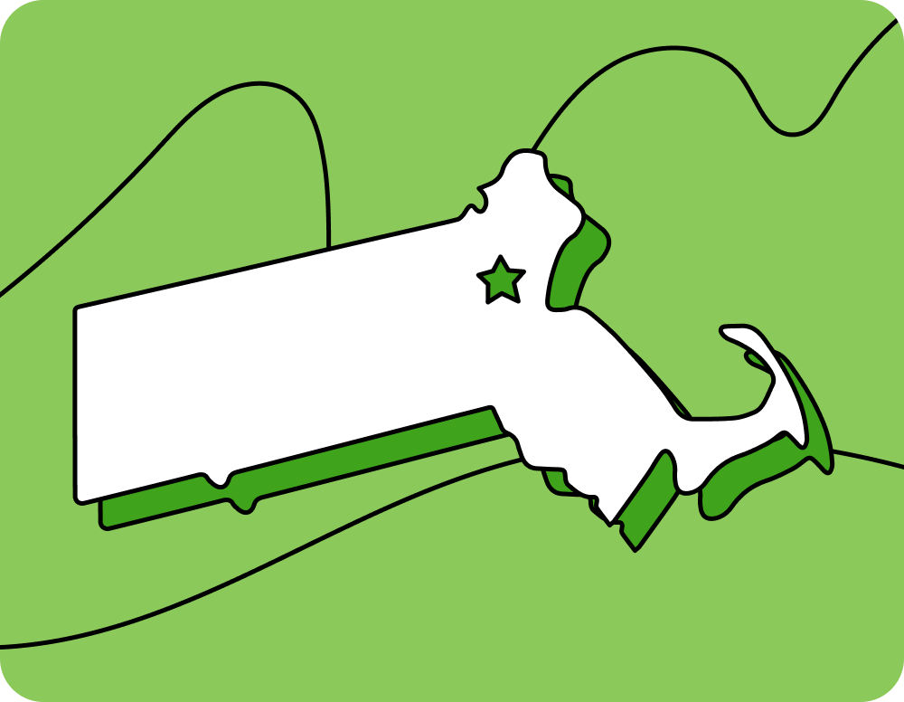 Outline of Massachusetts with a star marking its capital city, set against a green background with curved lines.