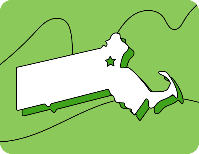 Outline of Massachusetts with a star marking its capital city, set against a green background with curved lines.