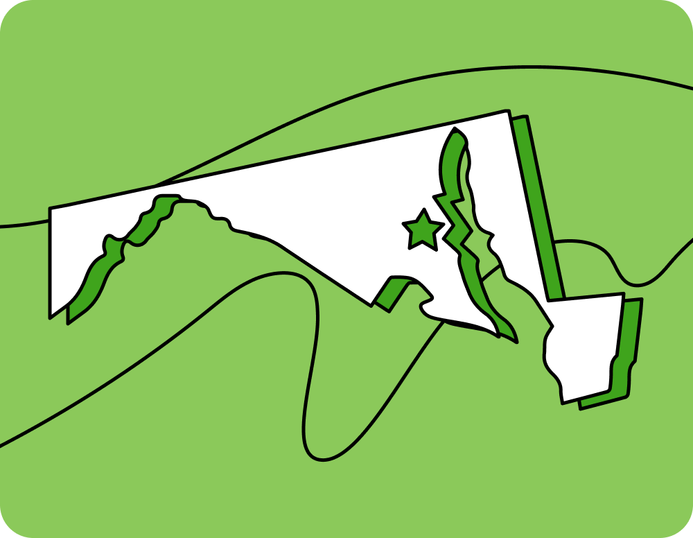 Outline of Maryland with a star marking its capital city, set against a green background with curved lines.