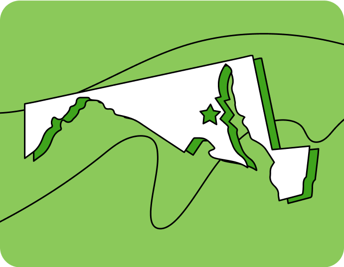 Outline of Maryland with a star marking its capital city, set against a green background with curved lines.