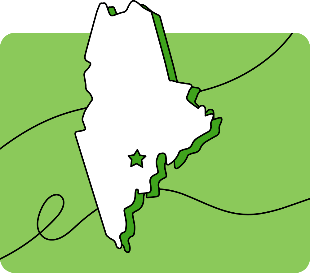 Outline of Maine with a star marking its capital city, set against a green background with curved lines.