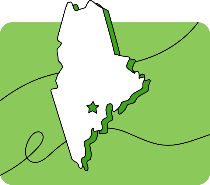 Outline of Maine with a star marking its capital city, set against a green background with curved lines.