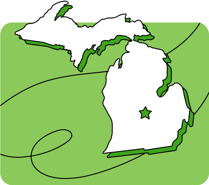 Outline of Michigan with a star marking its capital city, set against a green background with curved lines.