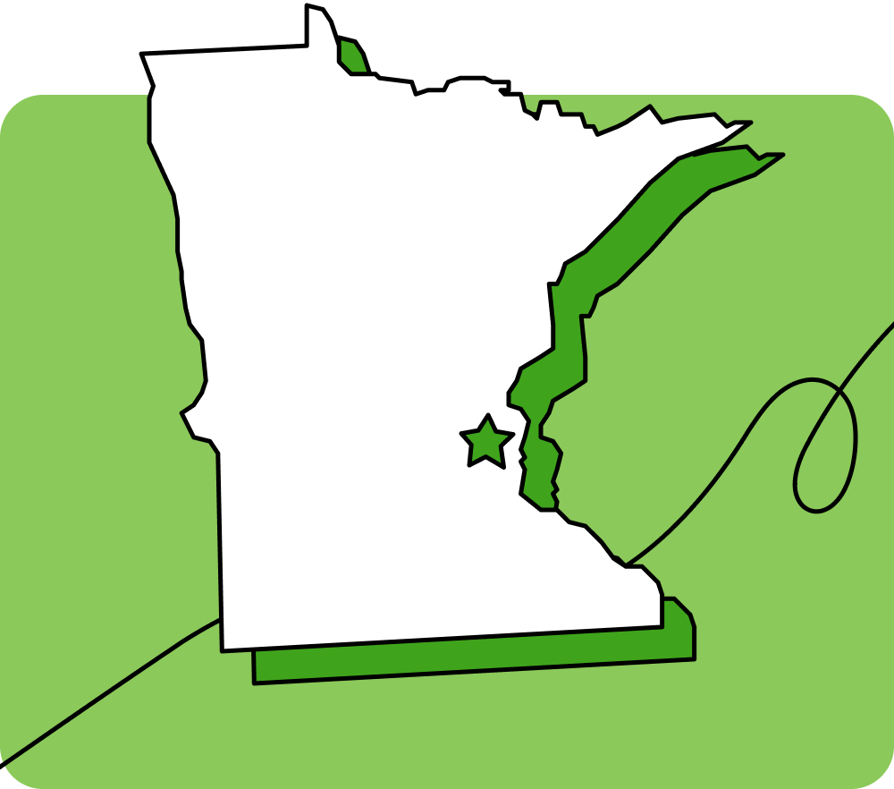 Outline of Minnesota with a star marking its capital city, set against a green background with curved lines.