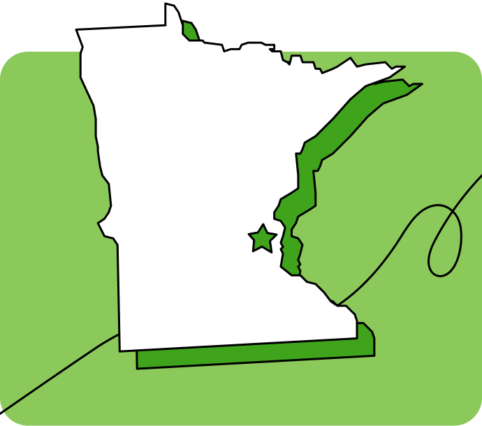 Outline of Minnesota with a star marking its capital city, set against a green background with curved lines.