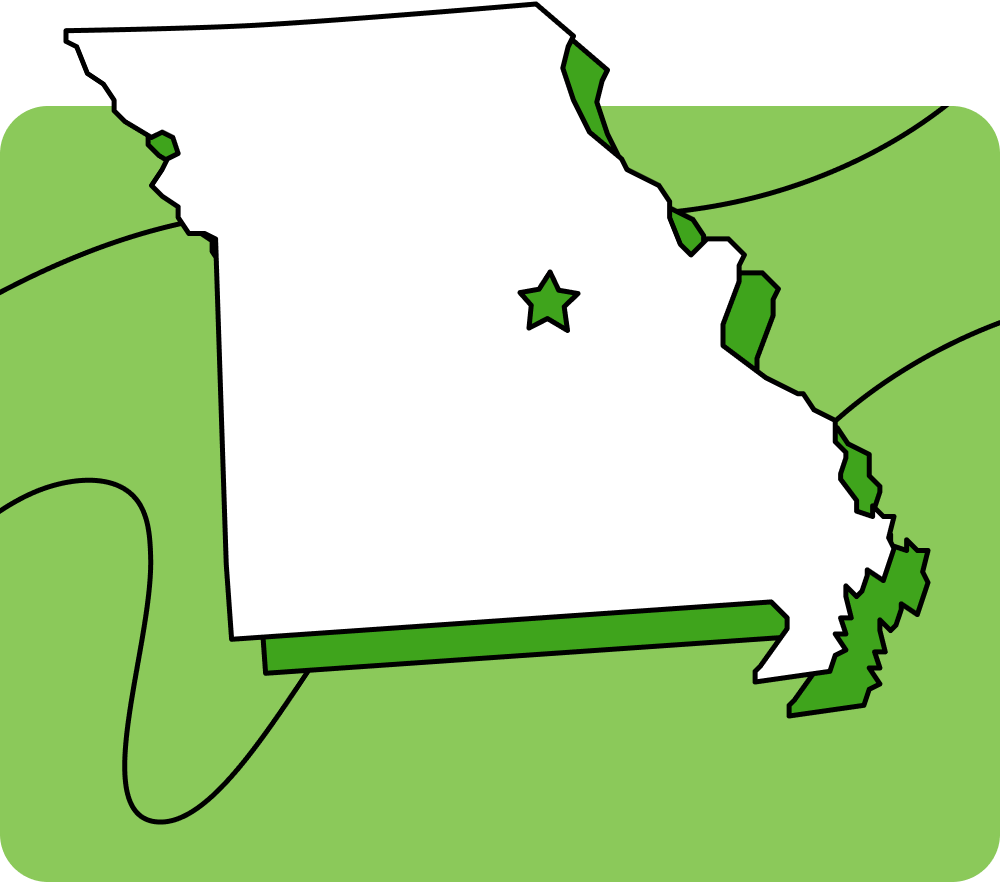 Outline of Missouri with a star marking its capital city, set against a green background with curved lines.