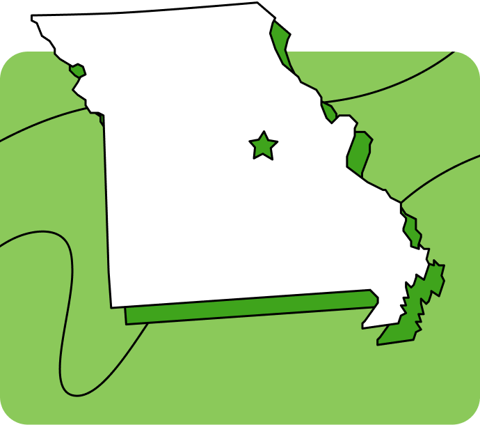 Outline of Missouri with a star marking its capital city, set against a green background with curved lines.