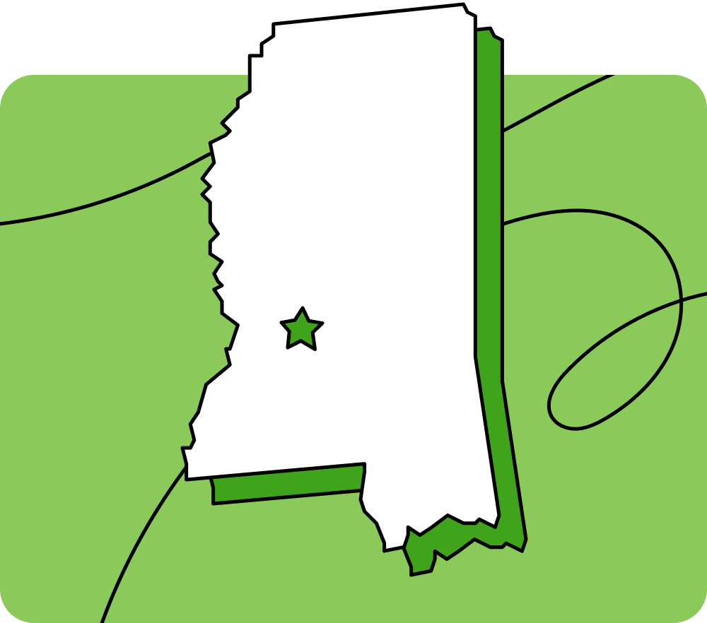 Outline of Mississippi with a star marking its capital city, set against a green background with curved lines.