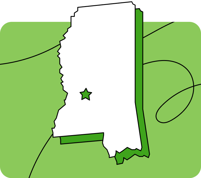 Outline of Mississippi with a star marking its capital city, set against a green background with curved lines.