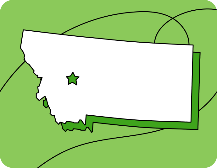 Outline of Montana with a star marking its capital city, set against a green background with curved lines.