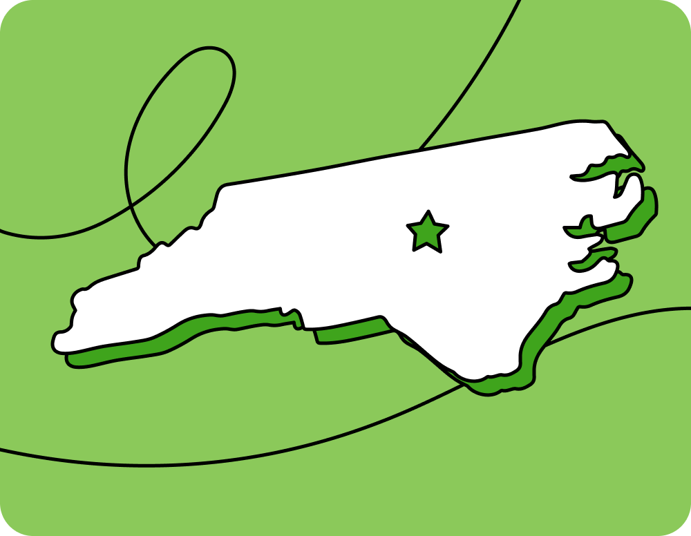 Outline of North Carolina with a star marking its capital city, set against a green background with curved lines.