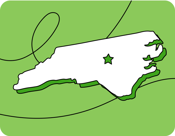 Outline of North Carolina with a star marking its capital city, set against a green background with curved lines.