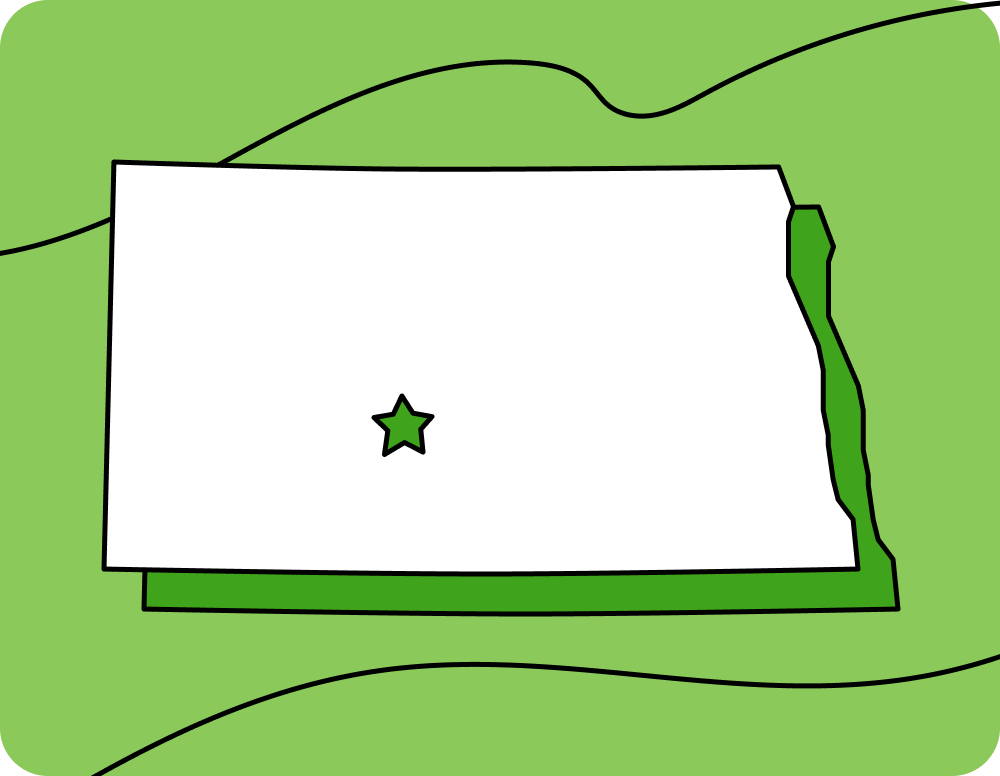 Outline of North Dakota with a star marking its capital city, set against a green background with curved lines.