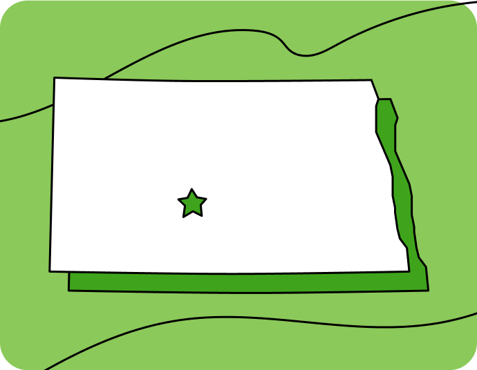 Outline of North Dakota with a star marking its capital city, set against a green background with curved lines.