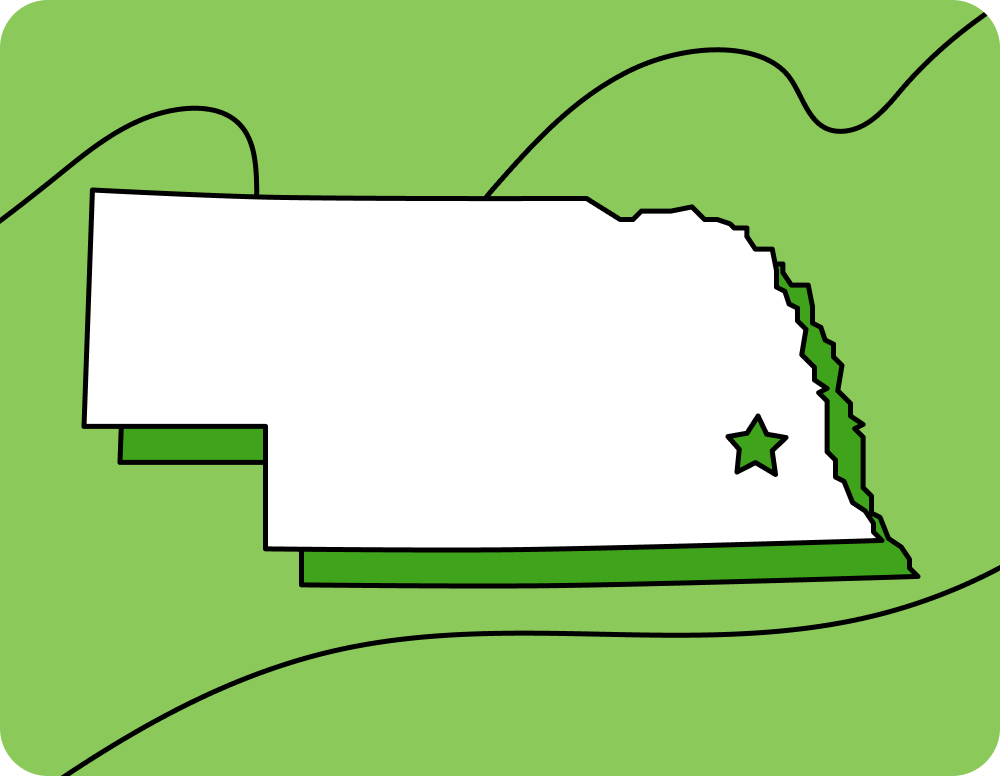 Outline of Nebraska with a star marking its capital city, set against a green background with curved lines.