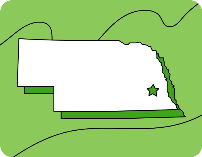 Outline of Nebraska with a star marking its capital city, set against a green background with curved lines.