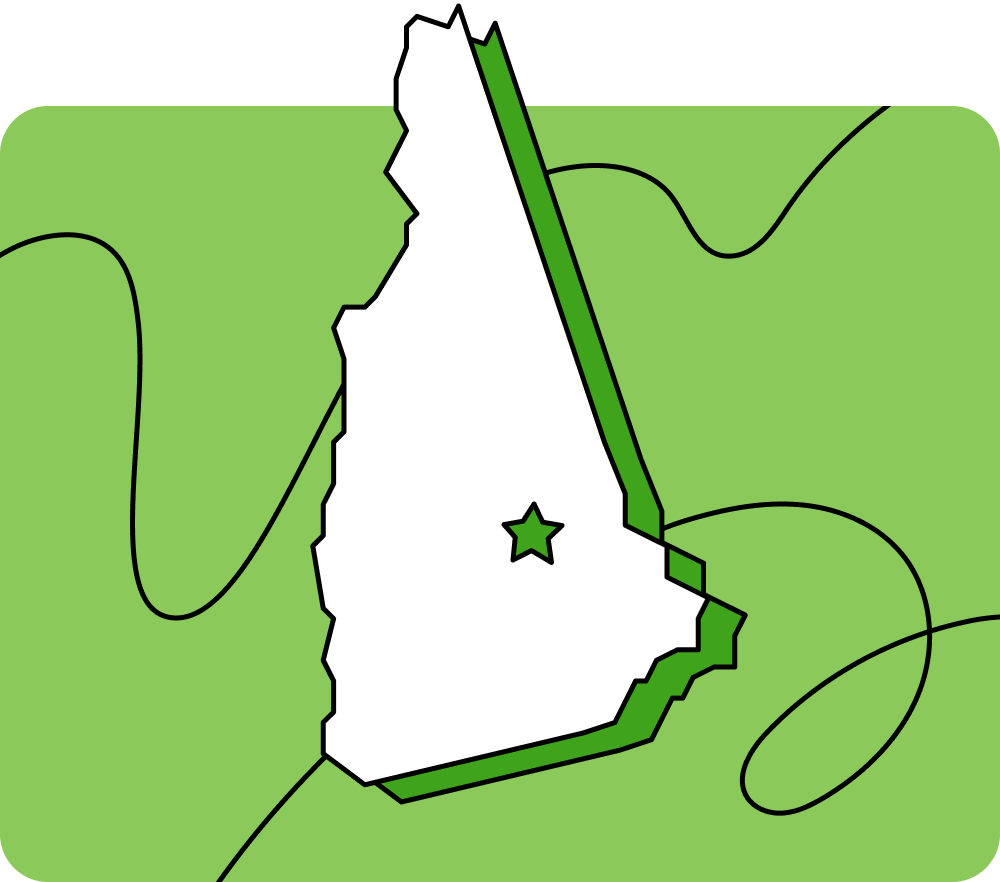 Outline of New Hampshire with a star marking its capital city, set against a green background with curved lines.